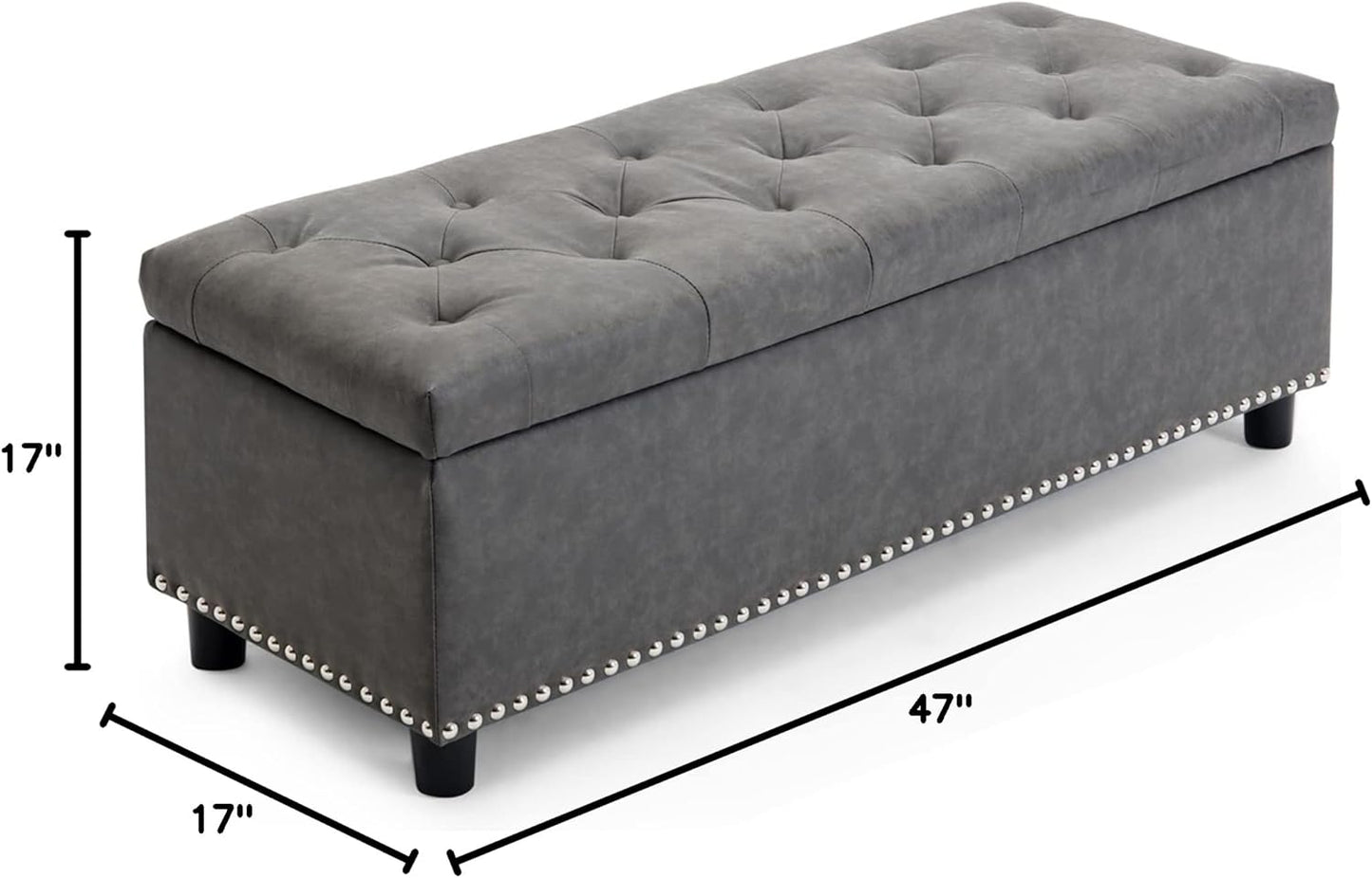 BELLEZE 47" Storage Ottoman, Storage Bench with Safety Close Hinge, Faux Leather Button-Tufted Ottoman for Living Room, Entryway, Hallway, Foot Rest, Support 300lbs - Rustic Gray