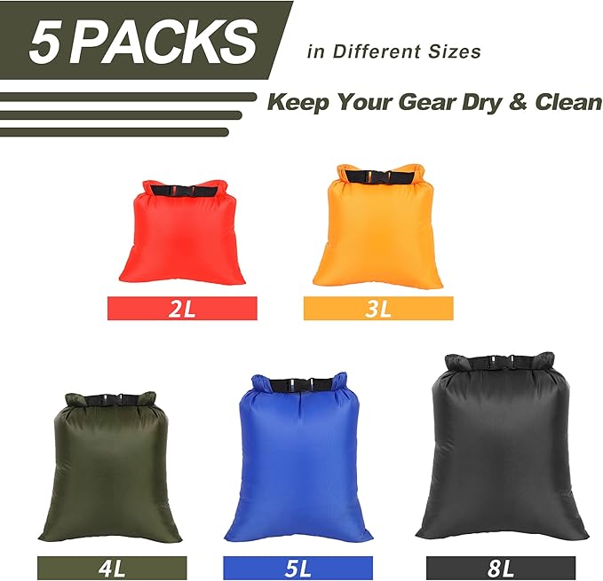 Dry Bags Waterproof Set, 5 Packs Ultralight Waterproof Bags Small Stuff Sack Water Proof Bag Dry Packs, Outdoor Dry Bag Keep Gear Dry for Backpacking Hiking Boating Camping Travel