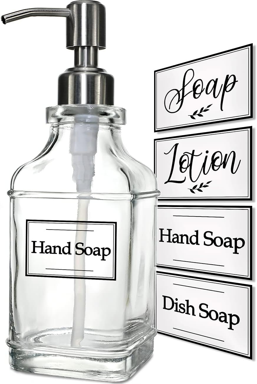 JASAI Antique Design Soap Dispenser with Rust Proof 304 Stainless Steel Pump, Refillable Clear Glass soap Dispenser with 10Pcs Clear Stickers, Premium Kitchen & Bathroom Soap Dispenser