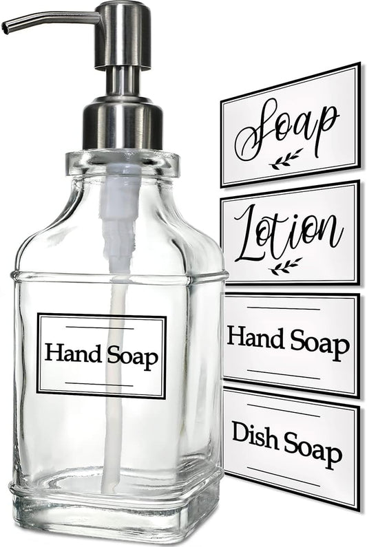JASAI Antique Design Soap Dispenser with Rust Proof 304 Stainless Steel Pump, Refillable Clear Glass soap Dispenser with 10Pcs Clear Stickers, Premium Kitchen & Bathroom Soap Dispenser