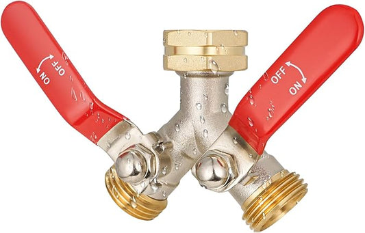 EJW Hose Splitter 2 Way, Heavy Duty Brass Garden Hose Splitter, Garden Hose Y-Valve Splitter, Full Flow Hose Splitter Connector, 3/4 Inch GHT Thread,Garden Hose Adapter 2 Way. longhand