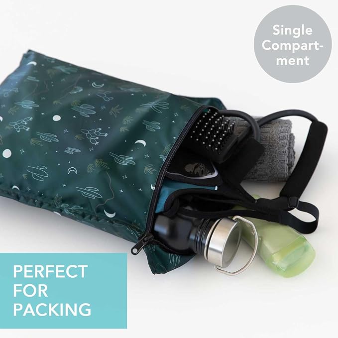 Bumkins Waterproof Wet Bag for Baby, Travel, Swim Suit, Cloth Diapers, Pump Parts, Pool, Beach, Gym Clothes, Toiletry, Hook to Stroller, Daycare, Zipper Reusable Wetdry Packing, Starry Cactus Dk Green