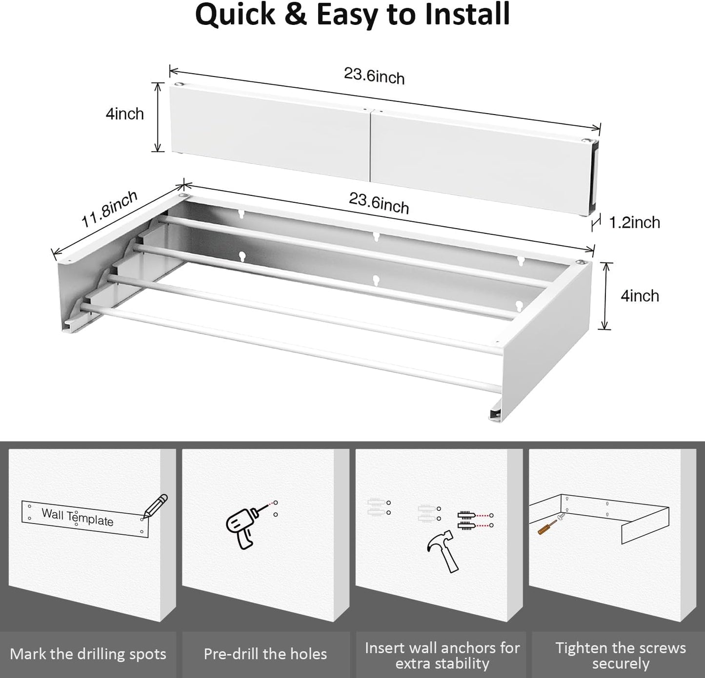 Laundry Drying Rack, Collapsible Wall Mounted Clothes Drying Rack - Foldable,Space Saving, 13.2 Linear Ft, 5 Aluminum Rods, 60 lb Capacity (White, 23.6")