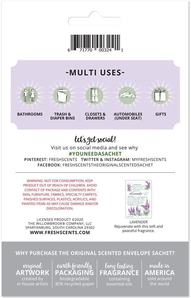WillowBrook | Fresh Scents Scented Sachet Packet | Lavender | Air Freshener Bags for Drawers, Closets, Cars | 6 Pack | Long Lasting Home Fragrance
