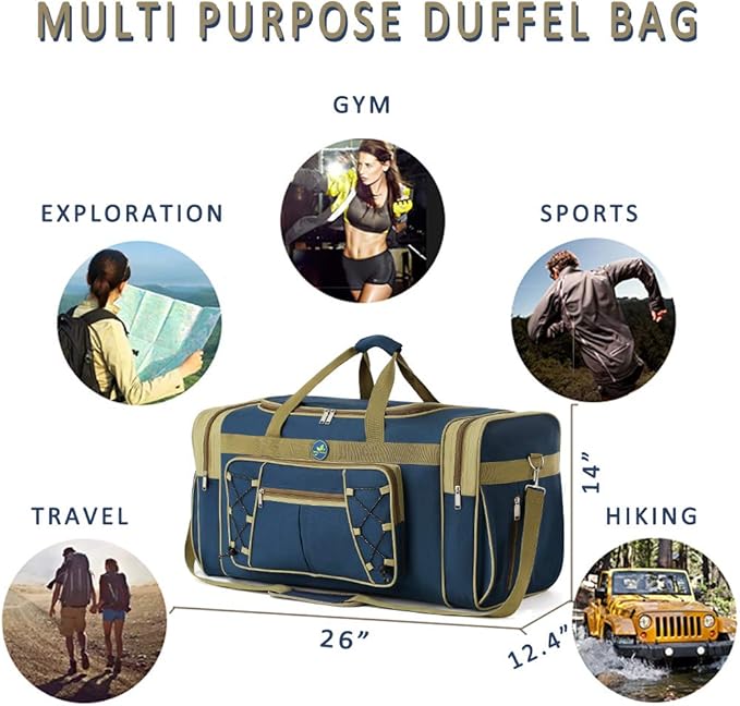 Travel Duffle Bags for Men 26" Weekender Over Night Carry On Bag Lightweight Extra Large Oxford Duffel Gym Sturdy Luggage Water-proof foldable Holdall (Blue)