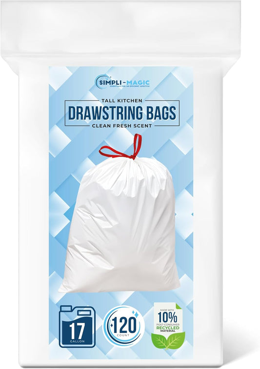SIMPLI-MAGIC 17 Gallon Drawstring Trash Bags, 120 Pack – Tall Kitchen Garbage Bags, Custom Made with Premium Materials (White)