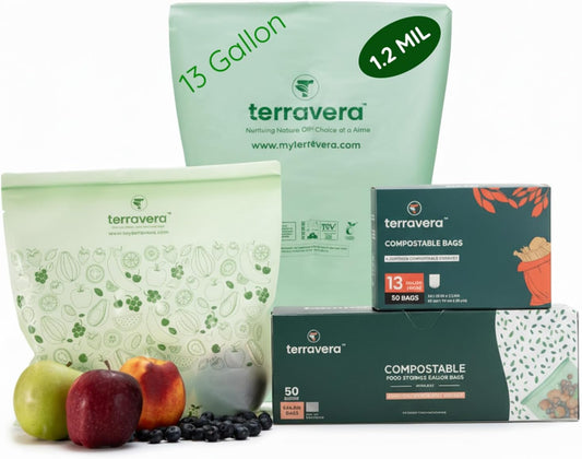 Compostable Trash Bags Flat Top | BPI & OK Home Certified ASTM D6400 Standards | Heavy Duty Kitchen & Yard Waste Bags (13 Gallon Flat Top (50 Count) with Gallon Freezer Bags (50 Count))