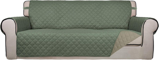 PureFit Reversible Quilted Sofa Cover, Water Resistant Slipcover Furniture Protector, Washable Couch Cover with Non Slip and Elastic Straps for Kids, Pets (Oversized Sofa, Greyish Green/Beige)