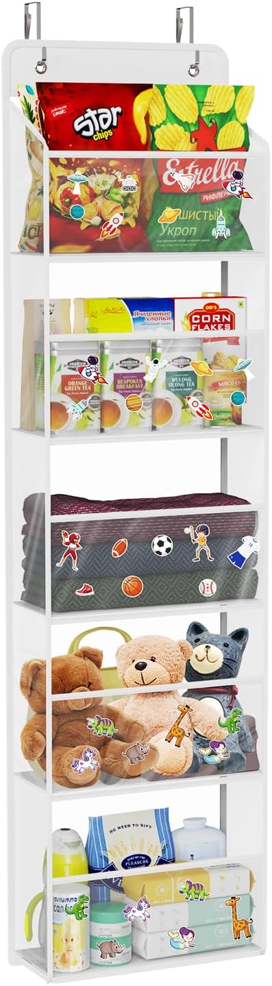 Univivi 5-Shelf Fabric Door Storage Over Door Hanging Organizer with 5 Clear Plastic Pockets & 2 Big Metal Hooks Nursery Closet Cabinet Wall Mount Hanging Storage Organizers for Baby Nursery