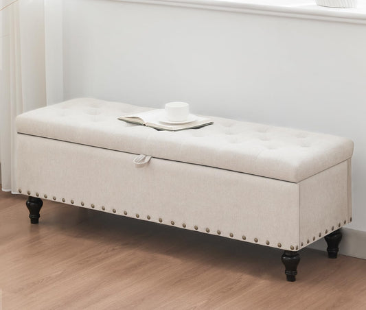 50" Storage Ottoman Bench, Tufted Ottoman with Storage for Living Room, Large End of Bed Ottomans, Modern Entryway Benchs, Window & Bedroom Benches for Foot of Bed (Light Beige)