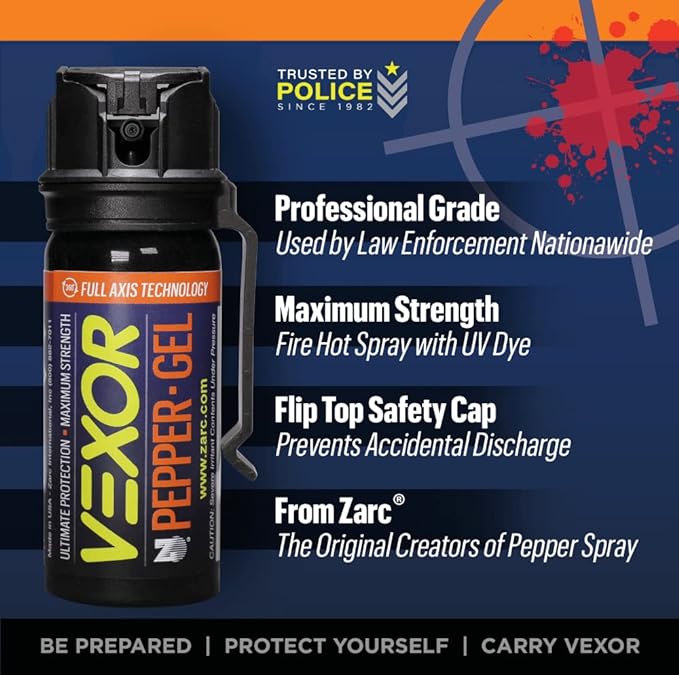 VEXOR Pepper Gel from Zarc, Maximum Strength Police Pepper Spray, Gel is The Future, Full Axis Technology Shoots from Any Angle 18-feet, Flip-top Safety