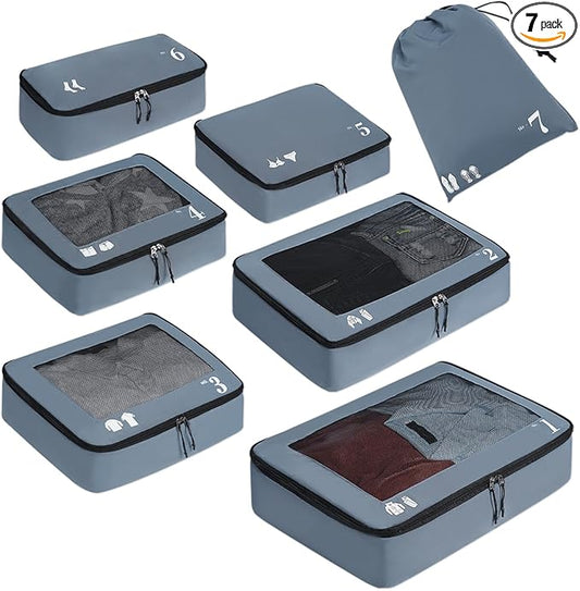 ECOHUB 7 Set Packing Cubes Tear-Resistant Luggage Packing Organizers with Number Icon for Travel Accessories Luggage Suitcase Machine Washable Packing Cubes (Grey)