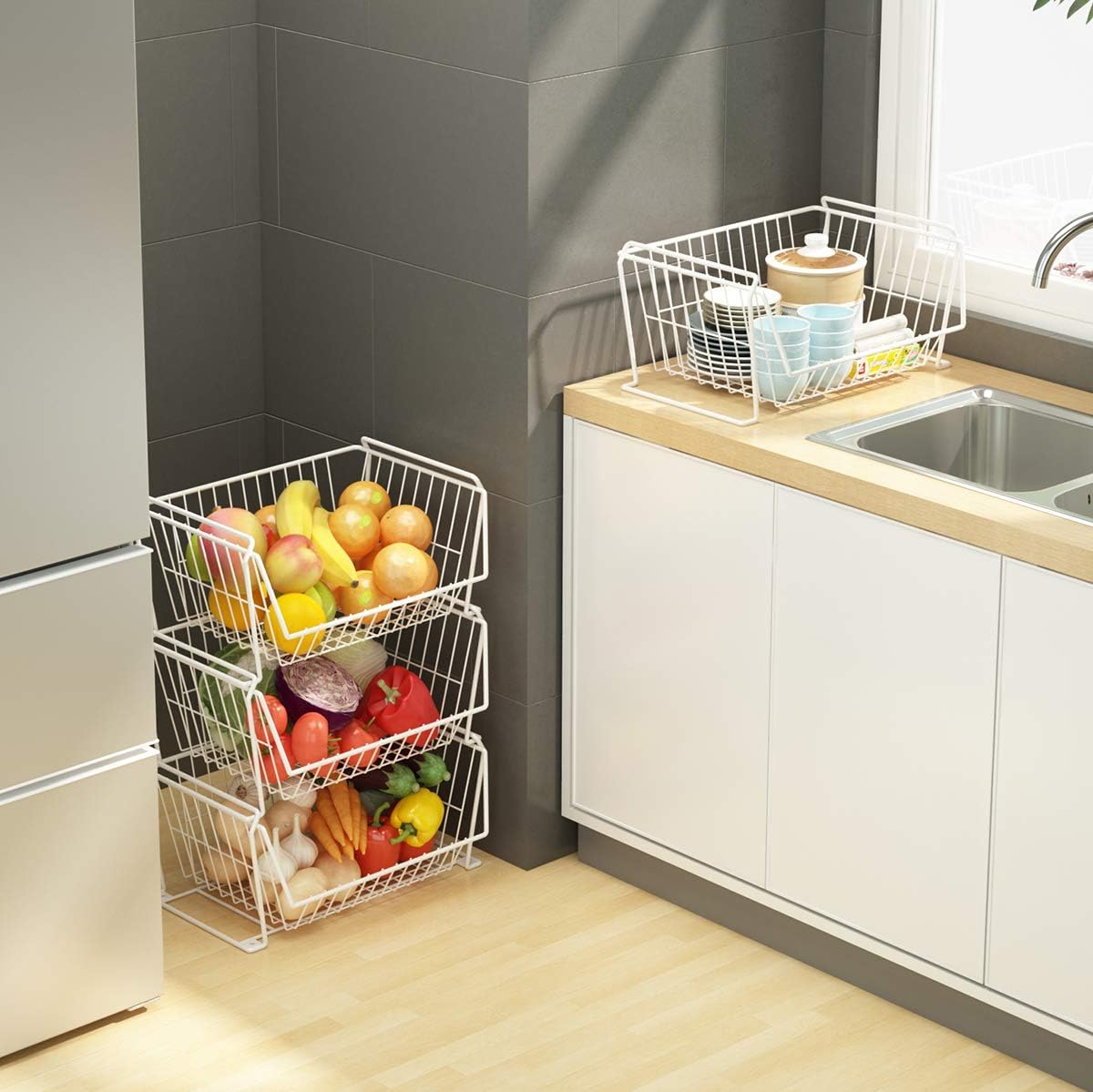 PUSDON Stackable Metal Storage Carts, Dual Use Shelf for Kitchen Fruit Vegetable Baskets with Wheels, Storage Rack for Living Room, Home & Office, Standard White 6 Tiers