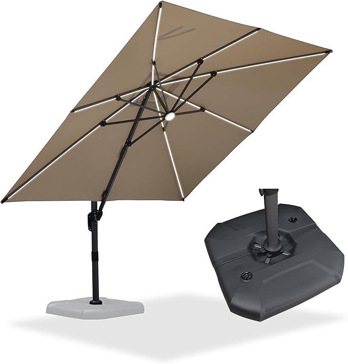 PURPLE LEAF 10 Feet Patio Umbrella with Base Outdoor Cantilever Solar Powered LED Square Umbrella Aluminum Offset Umbrella with 360-degree Rotation for Garden Deck Pool Patio, Beige