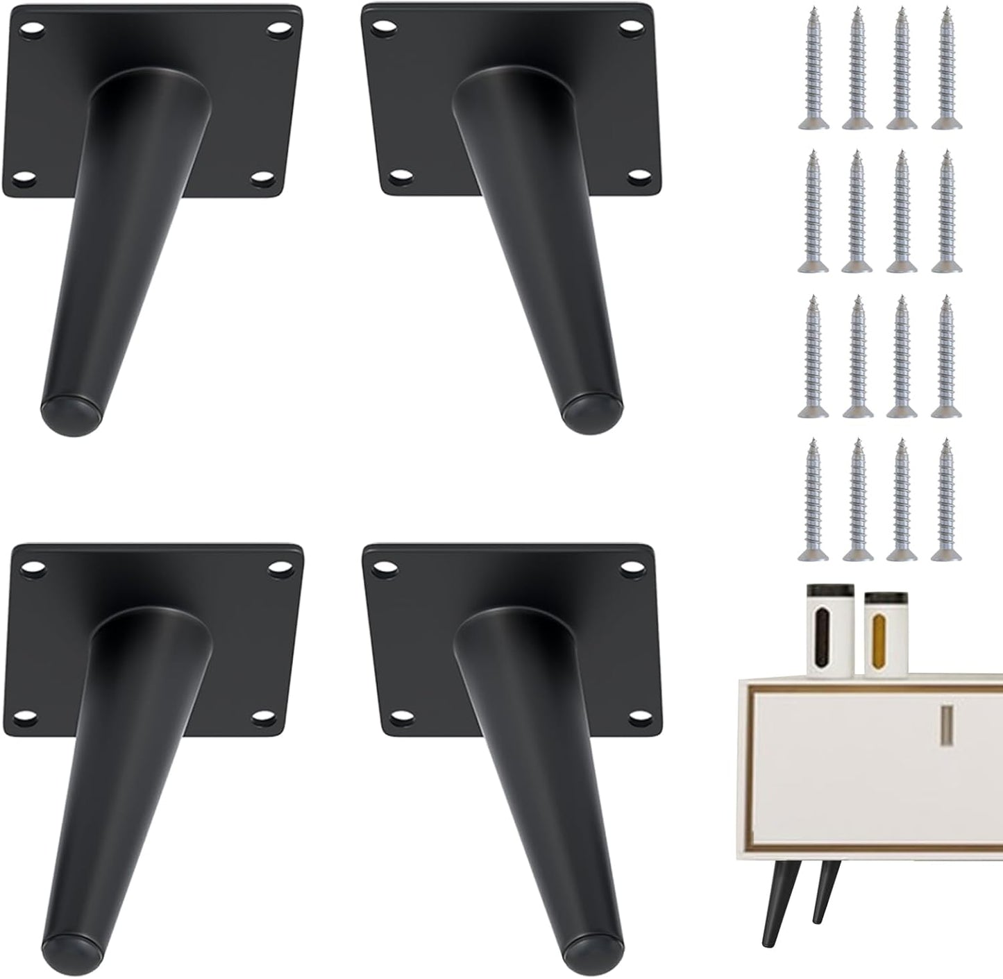 4PCS 4 Inch Matte Black Tapered Angled Legs for Furniture, Metal Mid Century Mordern Feet, Heavy Duty Slanted Stand Legs Kit for Couch, Coffee Table, Desk, Dresser, Sofa, Chair