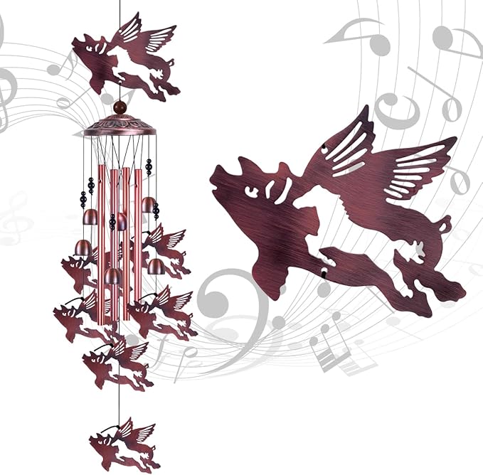 Outdoor Flying Pig Wind Chimes Indoor Decor - Hand-Made Mobile Romantic Wind Catcher, 37" Pigs Wind Chime for Home, Balcony, Patio, Garden Decoration, Gift for Mom, (4 Tubes, 6 Bells, 7 Flying Pigs)