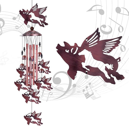 Outdoor Flying Pig Wind Chimes Indoor Decor - Hand-Made Mobile Romantic Wind Catcher, 37" Pigs Wind Chime for Home, Balcony, Patio, Garden Decoration, Gift for Mom, (4 Tubes, 6 Bells, 7 Flying Pigs)