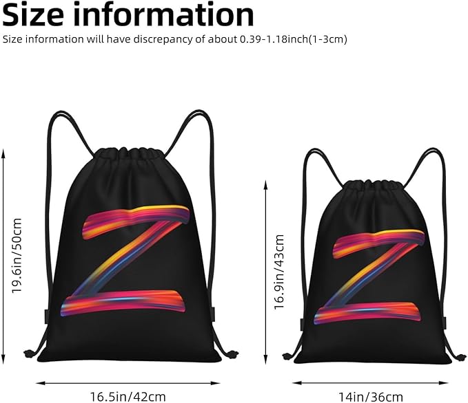 Drawstring Bags Initial Drawstring Backpack Sackpack Black Draw String Cinch Bags for Sports, Gym, Travel, Swimming, Beach, Camping, Rainbow Letter Z