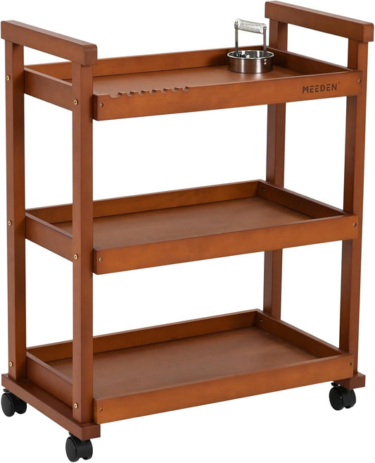 MEEDEN Art Supplies Cart, Walnut 3-Tier Multifunctional Art Storage Cart Organizer, Solid Beech Wood Studio Cart Art Taboret with Caster Wheels, Rolling Utility Cart Organizer for Artist
