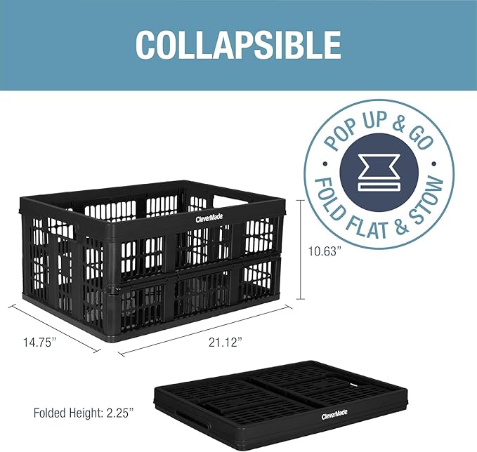 CleverMade Collapsible Utility Crates-Obsidian 1pck 45L / 11 Gal holds 66 lbs - Stackable Containers Heavy Duty Capacity Crates - Space-Saving Baskets