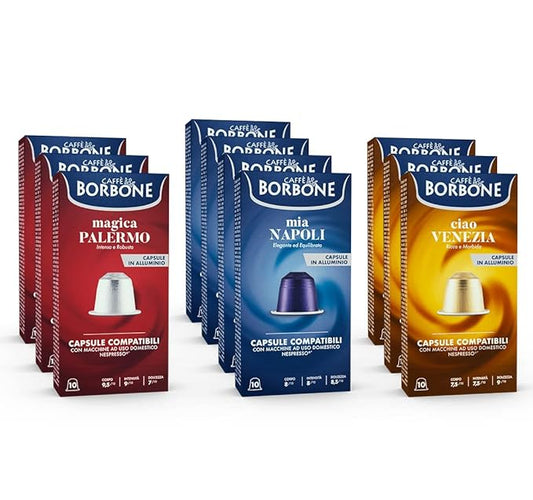 Caffè Borbone Aluminum Espresso Pods for Nespresso Coffee Machines, Intense, Smooth and Rich Italian Roast Coffee - Variety Pack - 100 Count (10 Packs of 10) - NOT compatible with Vertuo machines