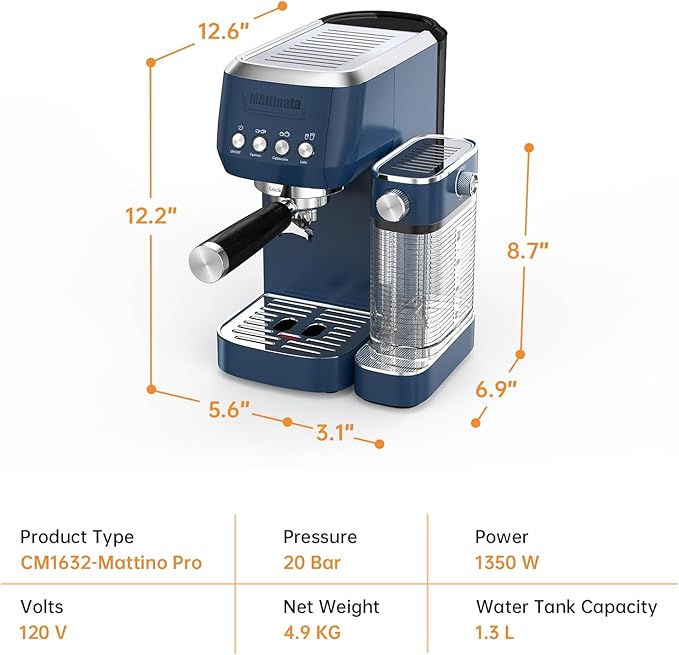 Cappuccino Machine 20 Bar, Professional Espresso Machines for Home and Office with Automatic Milk Frothering System, Barista Compact Latte Maker for Coffee Lovers, Stainless Steel-Blue