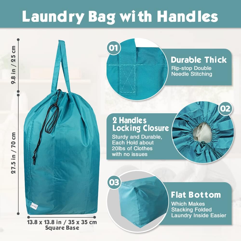 Tear Proof Nylon Laundry Bag with Handles (2 Pack),Travel Laundry Bag with Drawstring Closure,Dirty Clothes Bag Fit Most Laundry Hamper or Basket,27.5x34.5 in,Blue Aqua