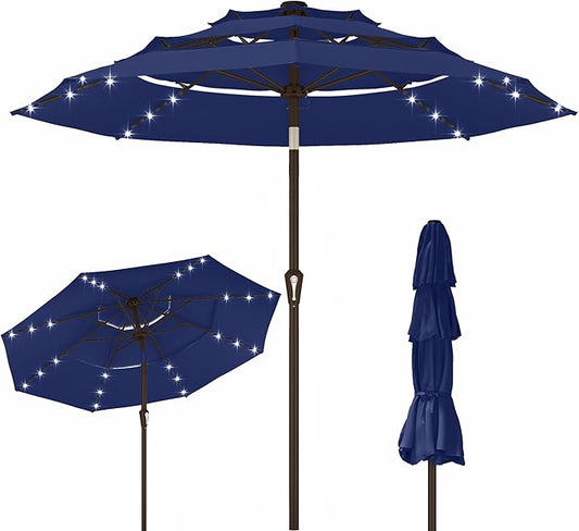 Kingdura 9ft 3-Tier Patio Umbrella with Solar Lights, Table Umbrella Outdoor Patio with Easy Crank & Tilt, 8 Sturdy Ribs, UV Protection, 32 LED Lights for Deck, Poolside, Market (Navy blue)