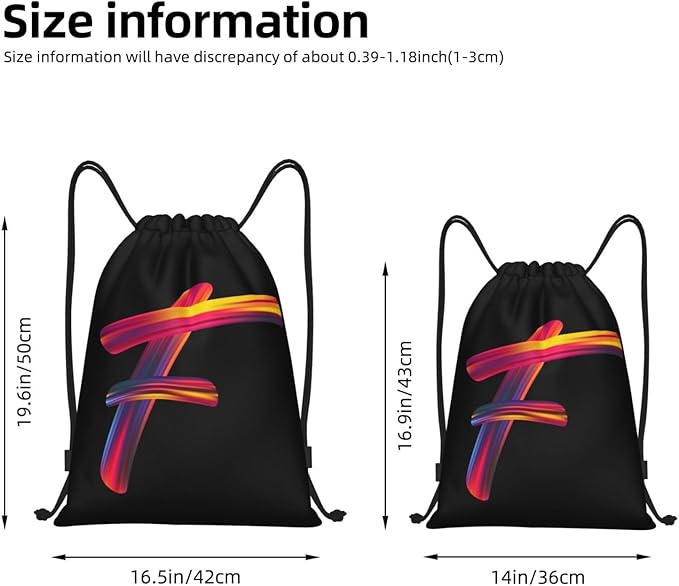 Drawstring Bags Initial Drawstring Backpack Sackpack Black Draw String Cinch Bags for Sports, Gym, Travel, Swimming, Beach, Camping, Rainbow Letter F