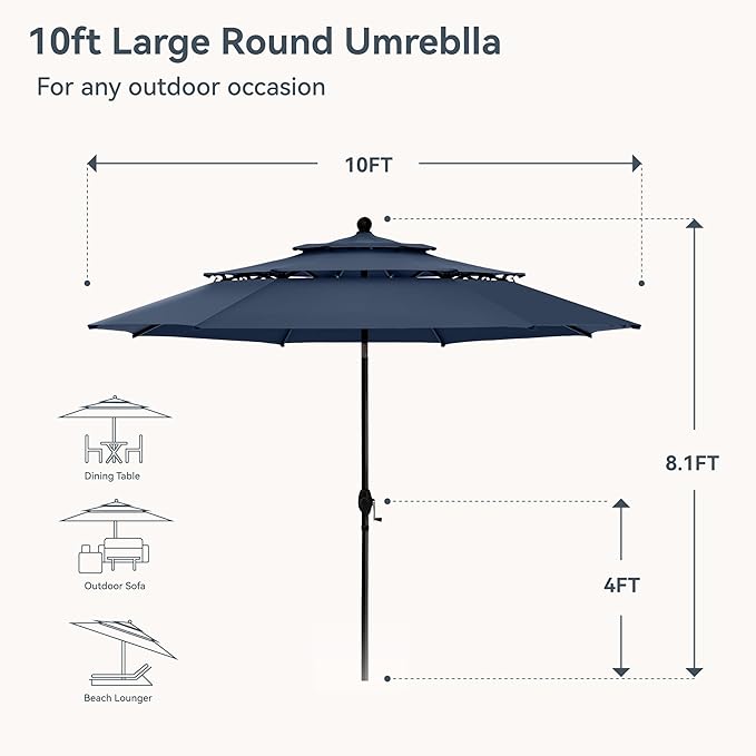 PHI VILLA 10ft Outdoor Patio Umbrellas for Outside, 3 Tier Vented Market Table Umbrella Windproof for Backyard, Deck, Garden, 1.5" Pole, Dark Blue（No Base）
