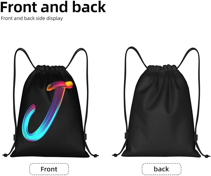 Drawstring Bags Initial Drawstring Backpack Sackpack Black Draw String Cinch Bags for Sports, Gym, Travel, Swimming, Beach, Camping, Rainbow Letter J