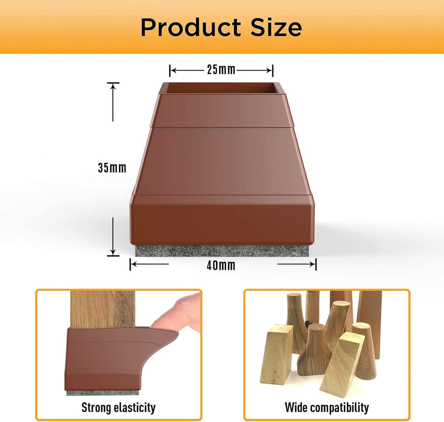 Square Chair Leg Protectors for Hardwood Floors, 16 Pcs Silicone Felt Furniture Leg Cover,(Brown 1 1/2").