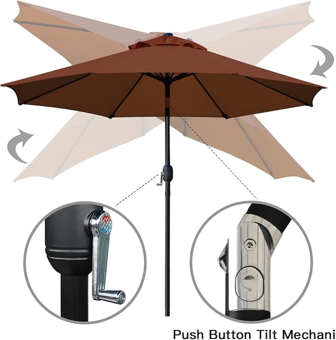 Sunnyglade 9' Patio Umbrella Outdoor Table Umbrella with 8 Sturdy Ribs（Brown）