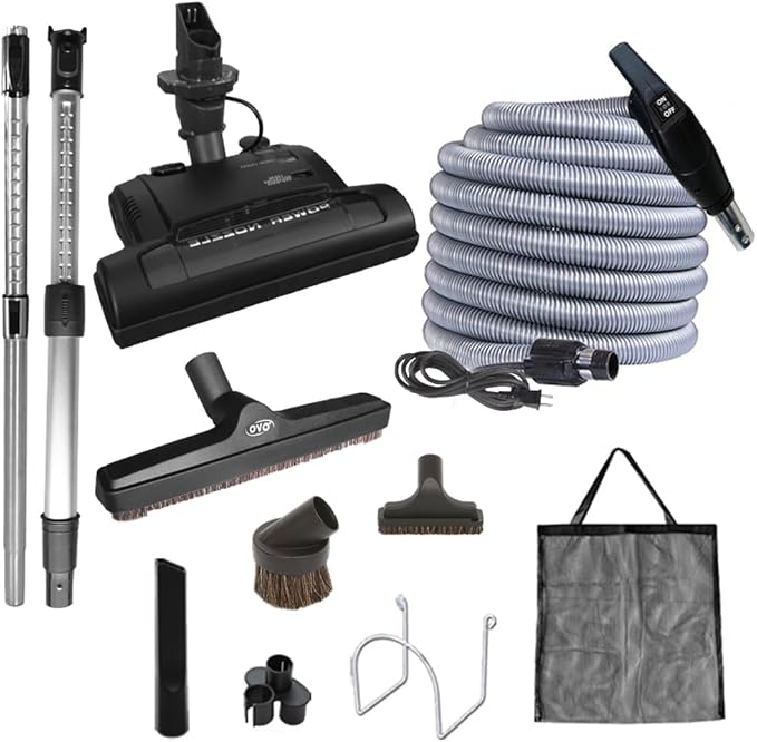 OVO Central Vacuum Carpet Deluxe Accessory Kit, 40ft Dual Voltage hose with pigtail, On-Off Switch at the handle, 6 Adjustable heights Electric carpet beater, 12’’ floor brush and accessories.