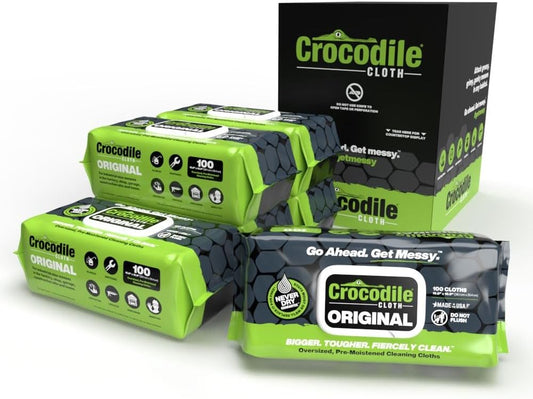 Crocodile Cloth Original Cleaning Wipes, 600 Count (6 Packs of 100) – Heavy-Duty 15” x 10” Multi-Surface Shop Wipes, Water-Based, Safe on Skin, Cuts Grease, Grime & Dirt