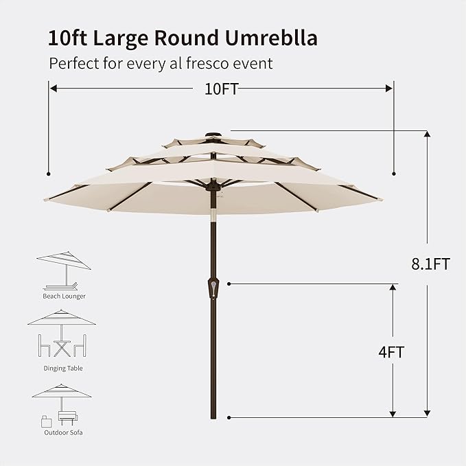 Kingdura 9ft 3-Tier Patio Umbrella, Outdoor Table Umbrella with Easy Crank & Tilt, 8 Reinforced Ribs, UV Protection for Deck, Pool, Market, Backyard (Beige)