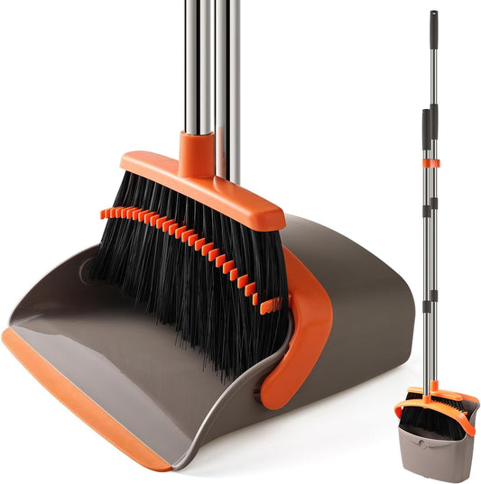 Broom and Dustpan Set, Upgraded Large Broom with Dustpan Combo Set with 56" Tall Adjustable Handle, Self-Cleaning Teeth, Upright Standing Dust Pan for Heavy Duty Indoor Outdoor Cleaning and Pet Hair