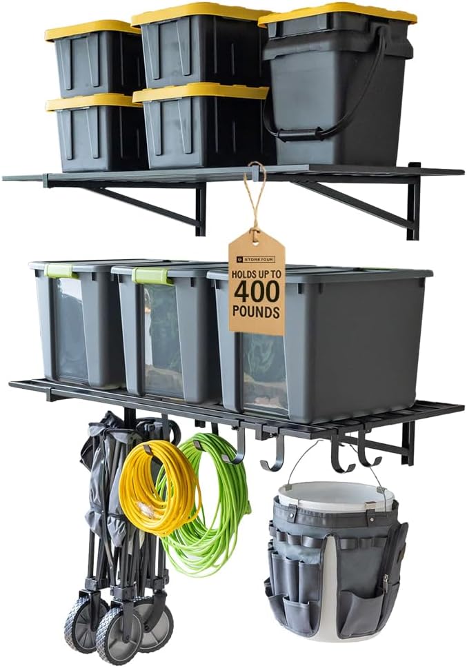 StoreYourBoard 2-Pack Heavy Duty Wall Shelves – Wall-Mounted Garage Storage Shelving and Organization for Sheds, Closets, or Utility Rooms – Holds 200 lbs, 2ft x 4ft, Hammered Gray