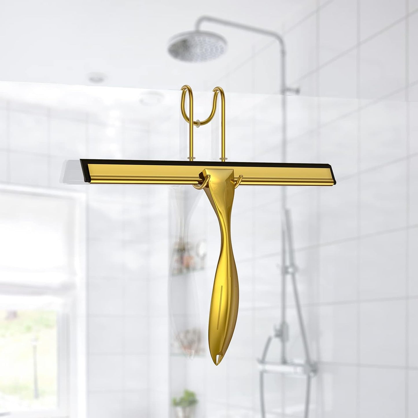 14-Inches Stainless Steel Shower Squeegee Set, Include Shower Door Hook, Adhesive Hook and Spare Silicone Blade, Window Squeegee for Shower Glass Door, Bathroom, Mirror, Window and Car Glass