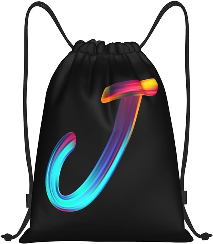 Drawstring Bags Initial Drawstring Backpack Sackpack Black Draw String Cinch Bags for Sports, Gym, Travel, Swimming, Beach, Camping, Rainbow Letter J