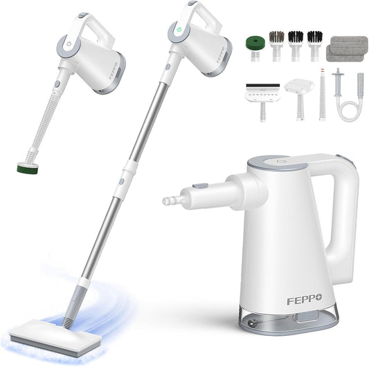 FEPPO Steam Mop with Detachable Handheld Steam Cleaner for Home and Floor Cleaning, 10-in-1 Multi-purpose Attachments & 2 Pads, Powerful Steamer for Floors, Hardwood, Tiles,Grout,Windows,Kitchen,Bath