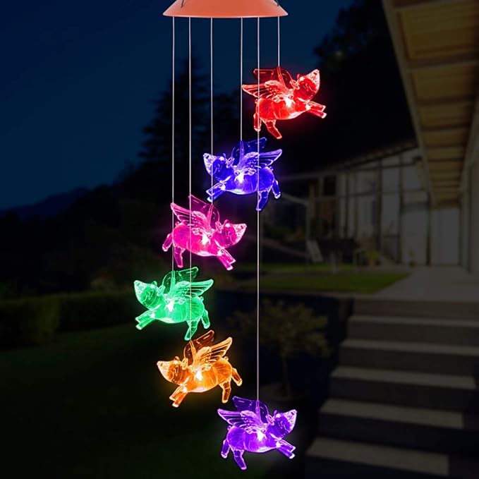 Solar Fly Pigs Wind Chimes, Outdoor Waterproof Mobile Romantic LED Multi Color-Changing Solar Sensor Powered Pig Wind Chimes Lights for Home, Yard, Night Garden, Party, Valentines Gift, Festival Decor
