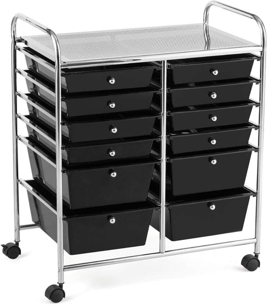 GOFLAME 12-Drawer Rolling Storage Cart, Multipurpose Organizer Cart with 2 Sizes Plastic Drawers, Mobile Utility Cart with Lockable Casters for School, Home Office, Beauty Salon, Black