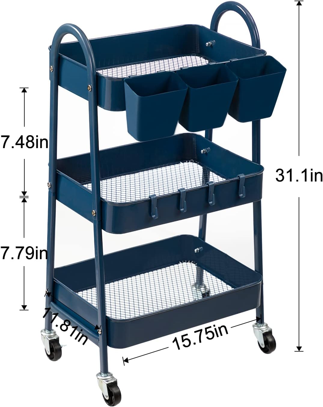 danpinera 3-Tier Rolling Cart, Metal Rolling Storage Cart with Lockable Wheels & Hanging Cups & Hooks, Mobile Trolley Cart for Kitchen, Bathroom, Office, Workshop, Dark Blue