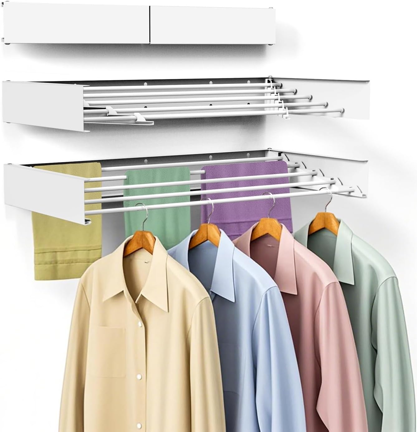 Laundry Drying Rack, Collapsible Wall Mounted Clothes Drying Rack - Foldable,Space Saving, 13.2 Linear Ft, 5 Aluminum Rods, 60 lb Capacity (White, 40")