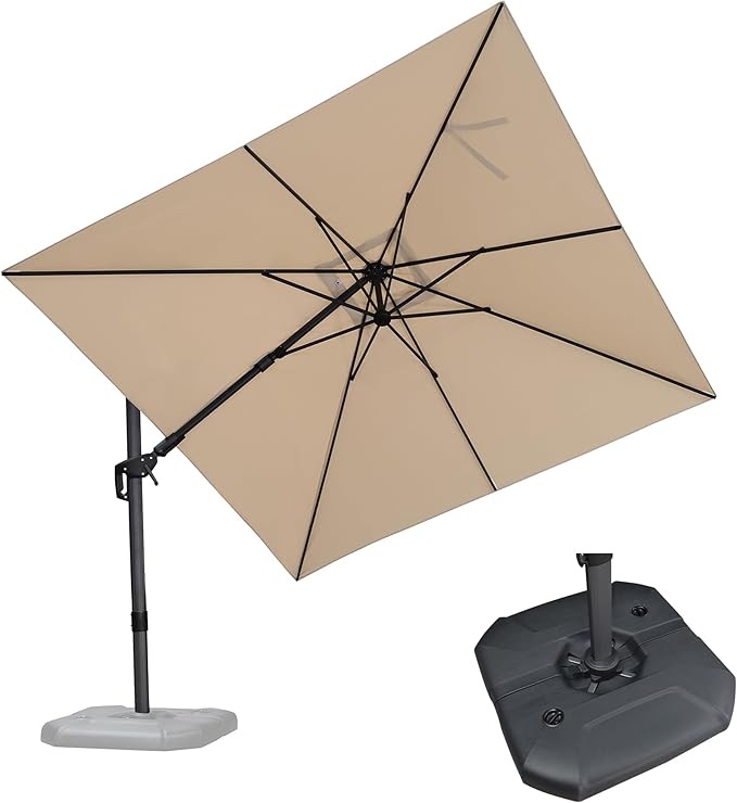 PURPLE LEAF 9.8' X 9.8' Tilting Patio Umbrella with Base Outdoor Cantilever Swivel Square Umbrella with Tilt Aluminum Offset Umbrella with 360-degree Rotation for Garden Deck Pool Patio Beige