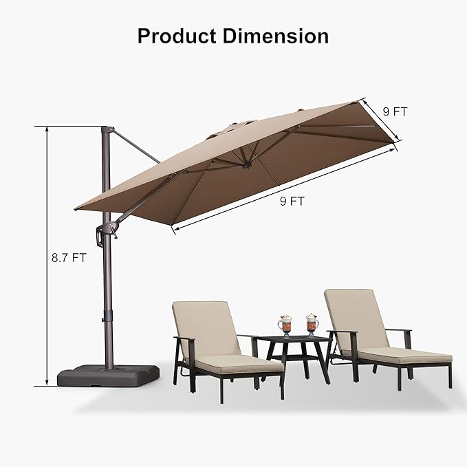 PURPLE LEAF 9 Feet Patio Umbrella Square Cantilever Umbrella Outdoor with 360° Rotation and Aluminum Offset Hanging for Pool Deck Garden Backyard, Taupe