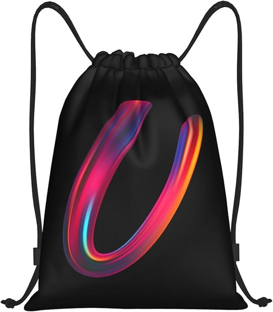 Drawstring Bags Initial Drawstring Backpack Sackpack Black Draw String Cinch Bags for Sports, Gym, Travel, Swimming, Beach, Camping, Rainbow Letter U