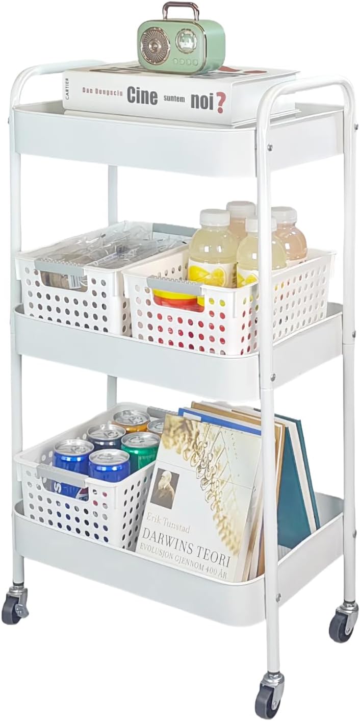 Metal 3 Tier Rolling Cart with Wheels for Kitchen Storage & Laundry Room Organization, Bedside Cart with Handle and 4 Hooks, Versatile Large Capacity Art & Craft Storage Organizer, White