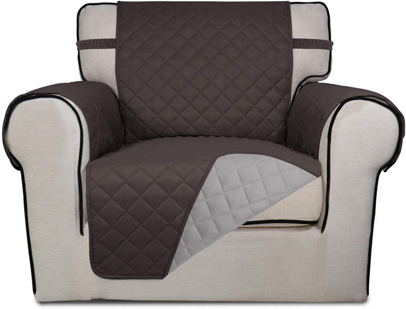 PureFit Reversible Quilted Sofa Cover, Water Resistant Slipcover Furniture Protector, Washable Couch Cover with Non Slip and Elastic Straps for Kids, Dogs, Pets (Chair, Chocolate/Beige)